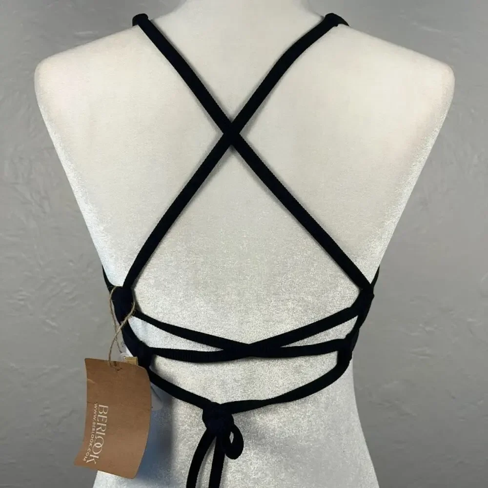 NWT Berlook Black U-Ring Ribbed Cross Back Bikini Swim Top L